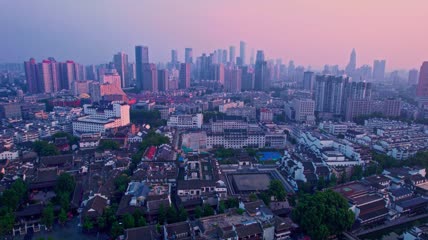 4k 航拍清晨日出光影南京玄武区地标建筑