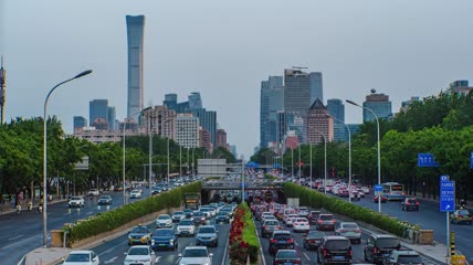 4k 延时北京中国尊cbd车流日转夜