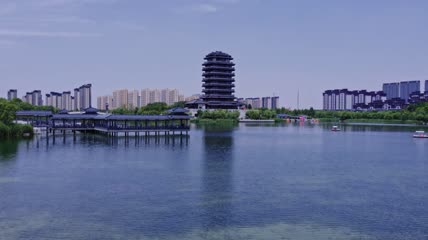 4k 航拍山东淄博齐盛湖公园海岱楼