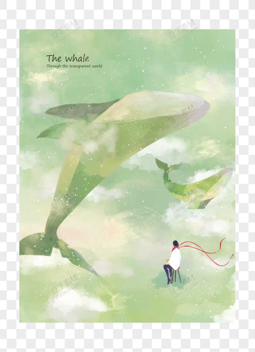 唯美鲸鱼手绘手机壁纸星空插图插画PSD设计素材(10)