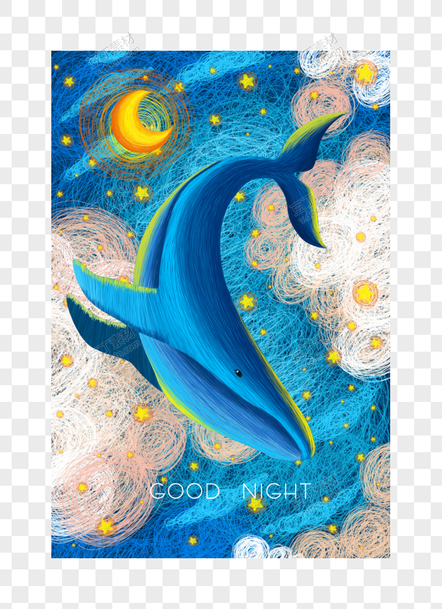 唯美鲸鱼手绘手机壁纸星空插图插画PSD设计素材(14)