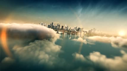 大气震撼云层中穿梭的城市车流高楼大厦