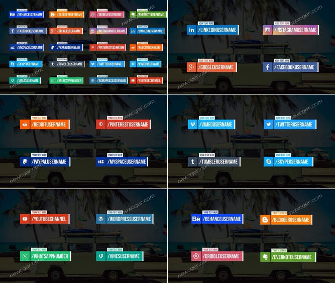 20枚色彩不同的社交媒体扁平字幕条动画AE工程