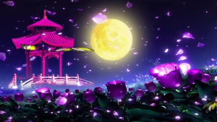 中秋节月亮亭子梦幻唯美蝴蝶花视频素材