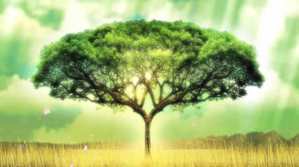 华丽梦幻茂盛大树背景蓝天白云飘浮花瓣视频