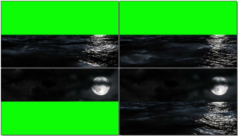 绿屏抠像夜晚深色的海水与月亮